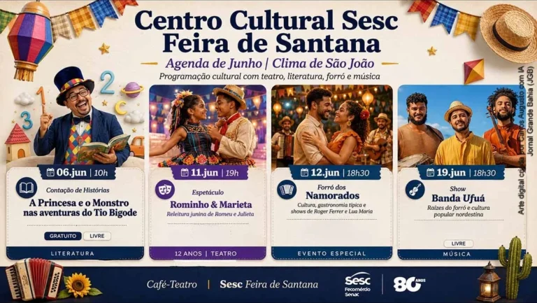 Agenda Cultural do Centro Cultural Sesc Feira de Santana para Junho de 2026 com Forró e Teatro Popul